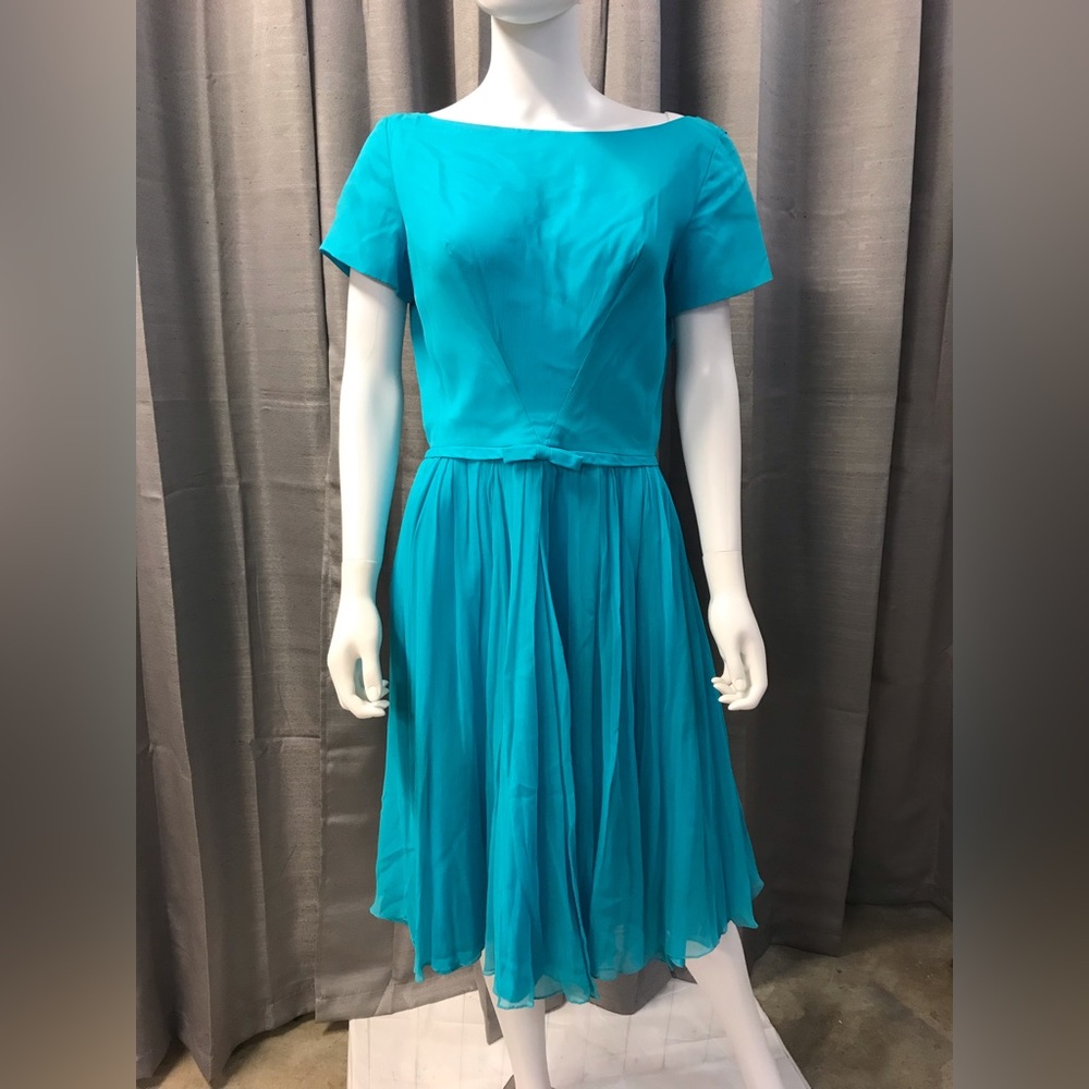 Vintage Emma Domb 60s Aqua Silk Chiffon Cocktail Dress Sz L